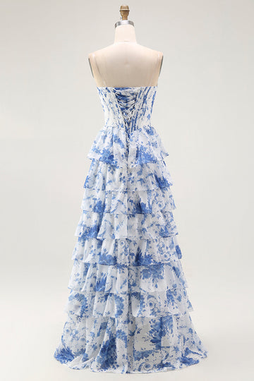 Blue White Flower A-Line Tiered Corset Long Prom Dress with Slit